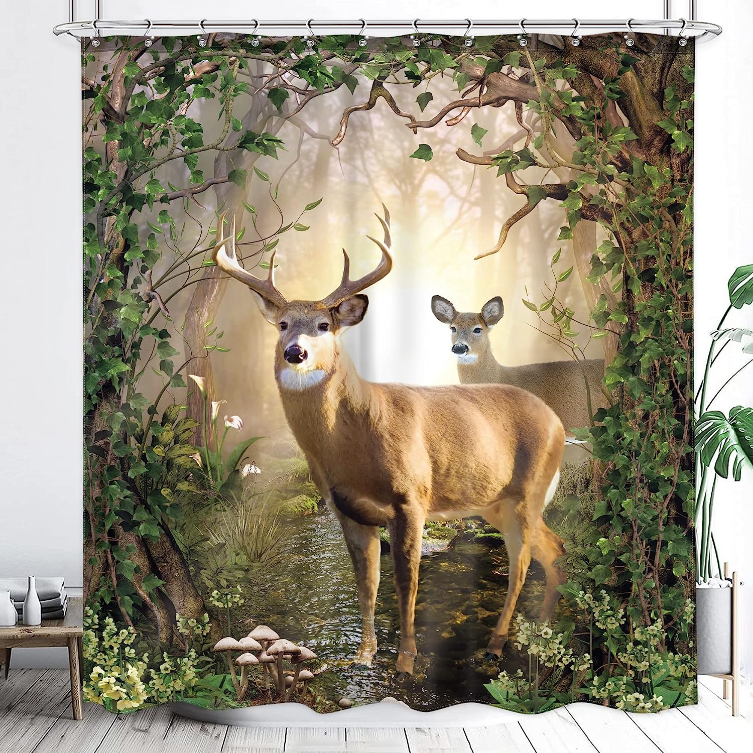 Rustic Cabin Deer Shower Curtain with Retro Fall Forest Moose Prints for Woodland Wildlife Look