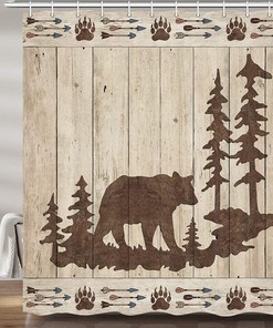 Rustic Cabin Forest Bath Curtain Set With Bear Print Wooden Board Fabric, Perfect For Nature Lovers