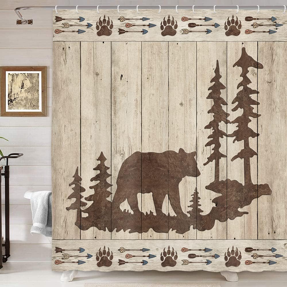 Rustic Cabin Forest Bath Curtain Set With Bear Print Wooden Board Fabric, Perfect For Nature Lovers - Image 2