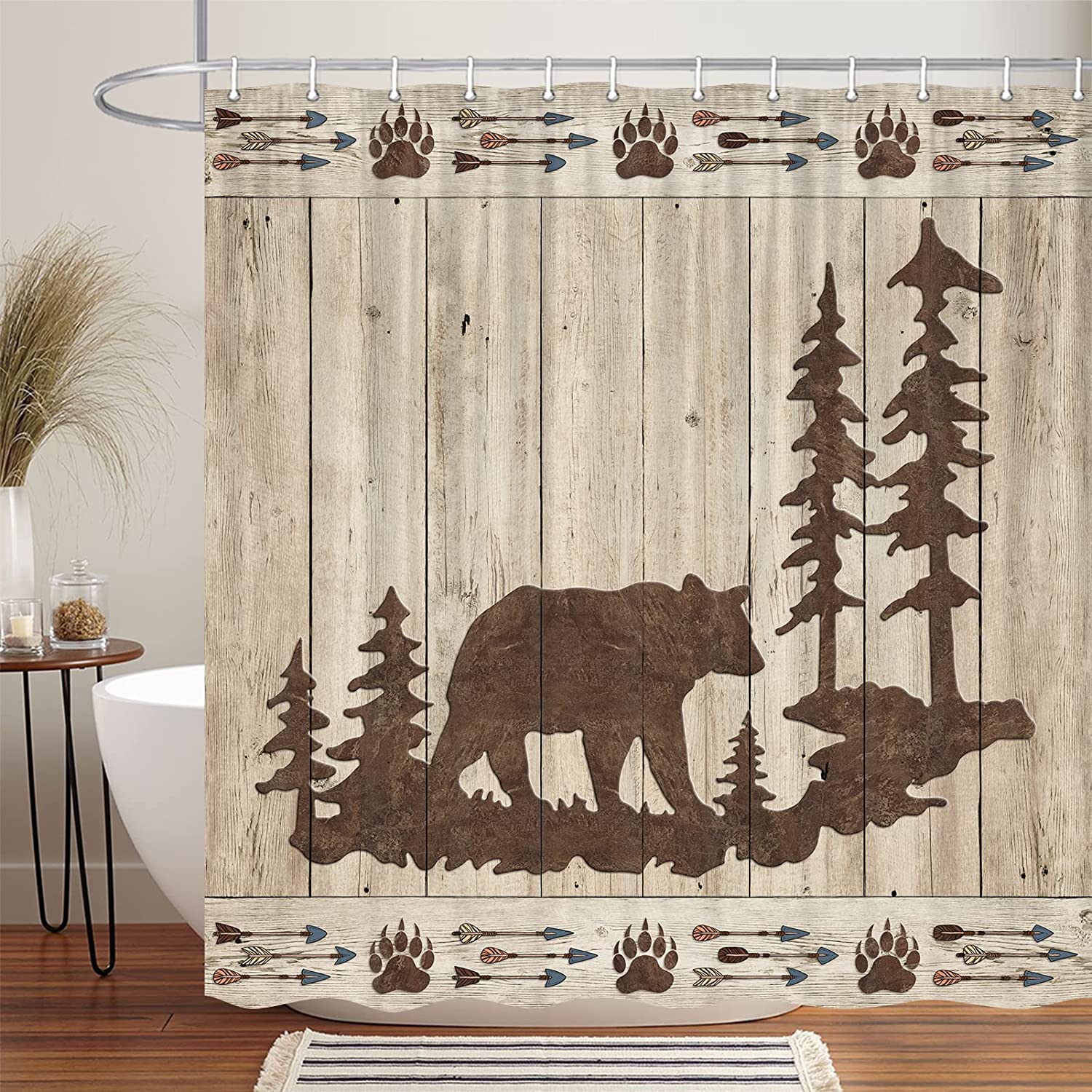 Rustic Cabin Forest Bath Curtain Set With Bear Print Wooden Board Fabric, Perfect For Nature Lovers - Image 3