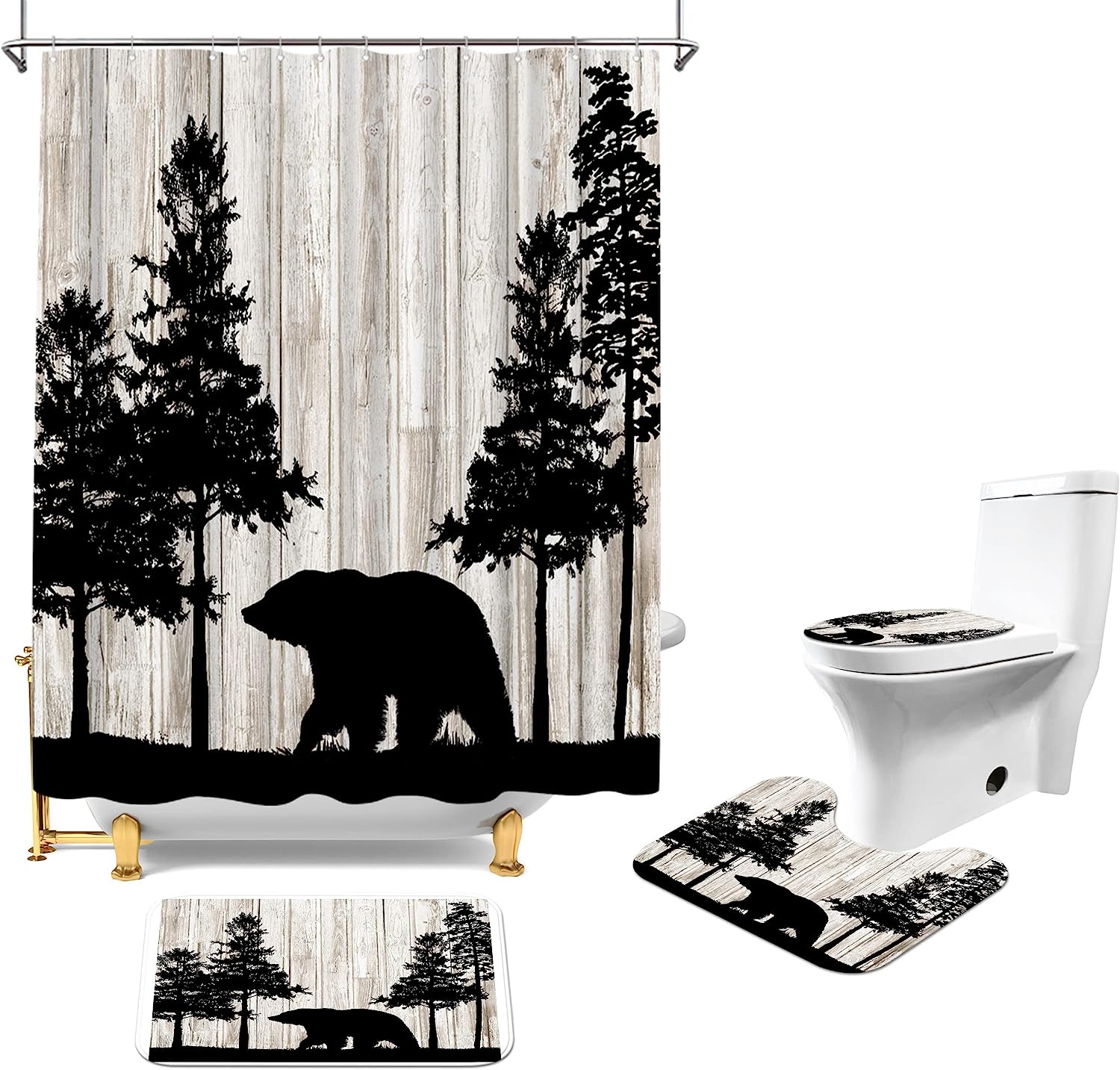 Rustic Cabin Forest Wild Animal Print Shower Curtain Set - Bathroom Accessories