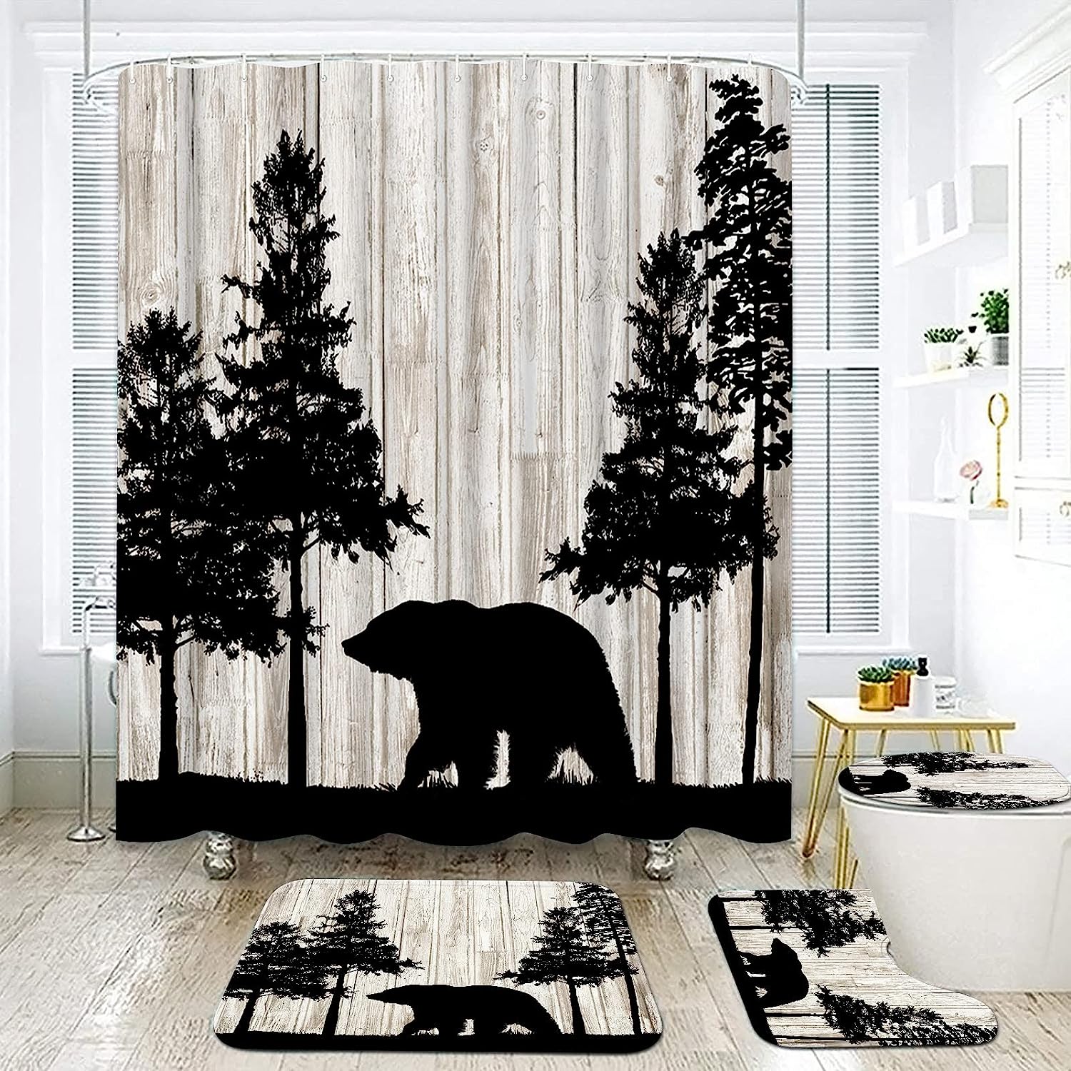Rustic Cabin Forest Wild Animal Print Shower Curtain Set - Bathroom Accessories
