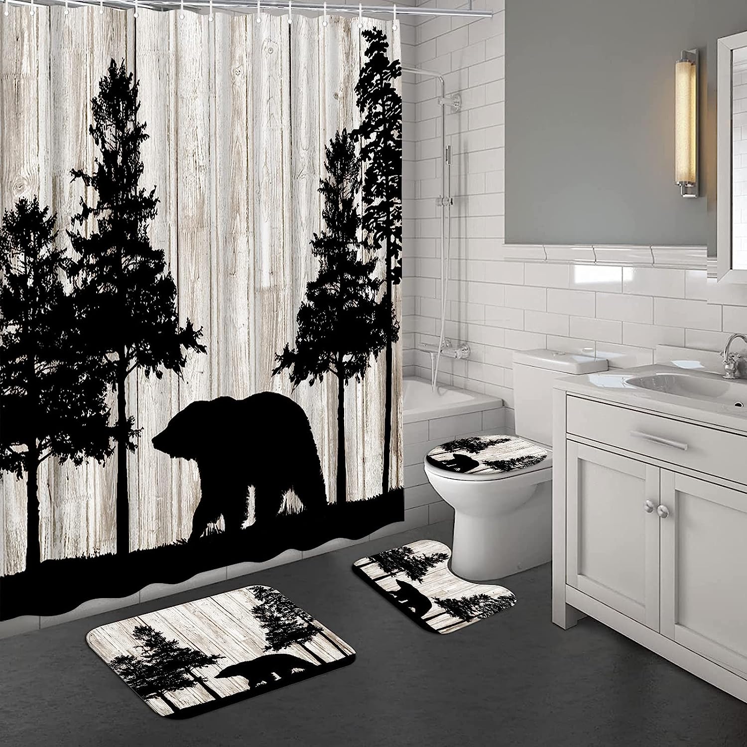 Rustic Cabin Forest Wild Animal Print Shower Curtain Set - Bathroom Accessories