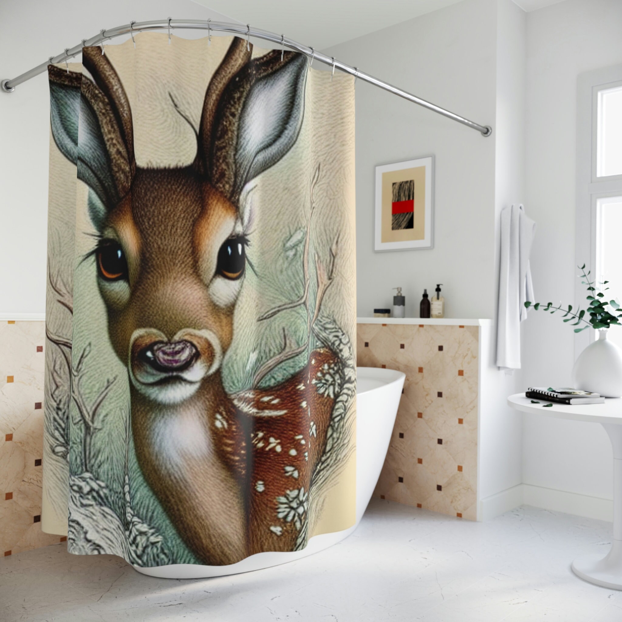 Rustic Cabin Hunter Shower Curtain With Deer Prints