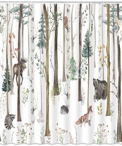 Rustic Cabin Hunting Farmhouse Lodge Wildlife Safari Shower Curtain - Forest Animal Bear Deer Moose Elk Fox Bird Rustic