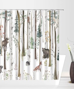 Rustic Cabin Hunting Farmhouse Lodge Wildlife Safari Shower Curtain - Forest Animal Bear Deer Moose Elk Fox Bird Rustic