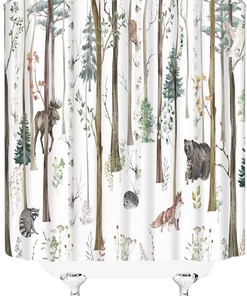 Rustic Cabin Hunting Farmhouse Lodge Wildlife Safari Shower Curtain - Forest Animal Bear Deer Moose Elk Fox Bird Rustic