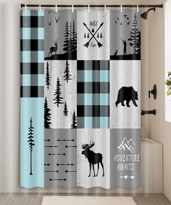 Rustic Cabin Lodge Bear Moose Deer Trees Decor Shower Curtain