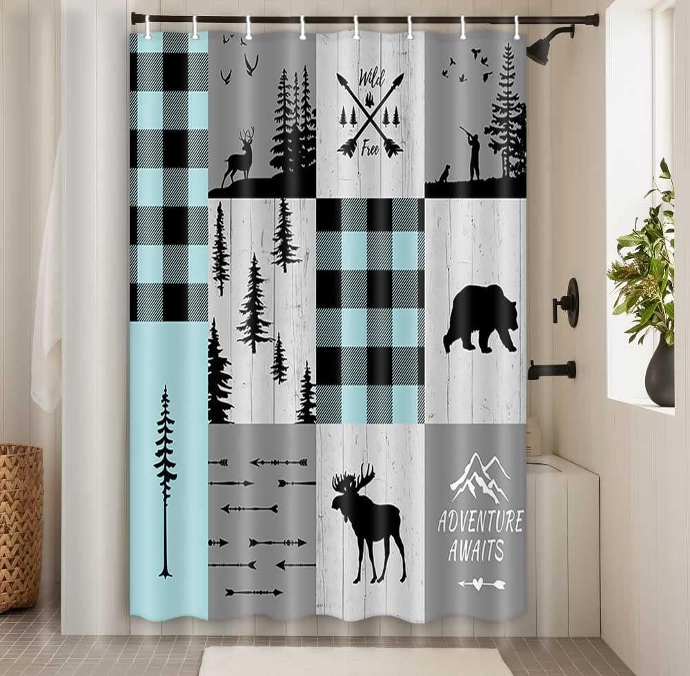 Rustic Cabin Lodge Bear Moose Deer Trees Decor Shower Curtain
