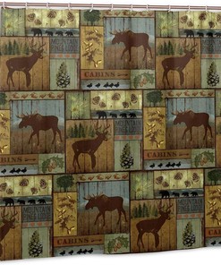 Rustic Cabin Lodge Shower Curtain with Bear Moose Deer Wildlife Design - Vintage Bath Curtain for Bathroom Accessories