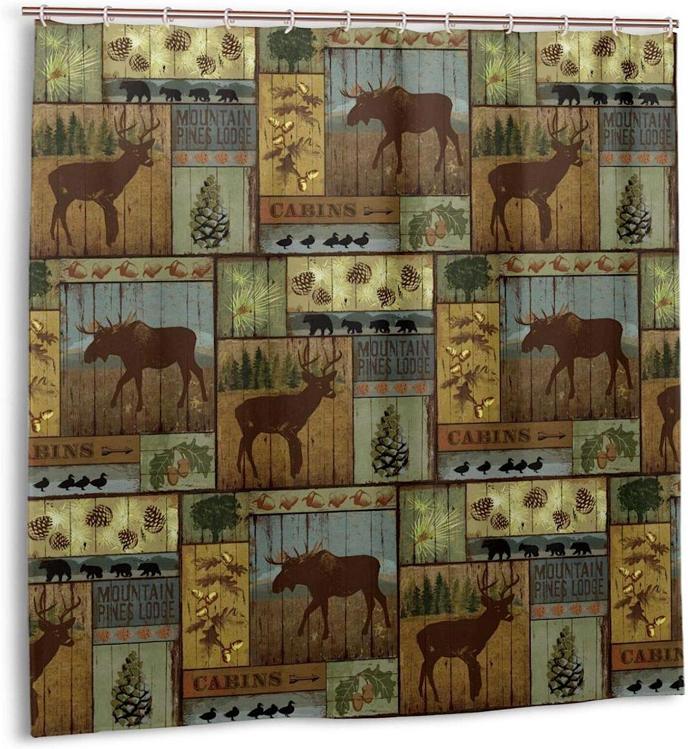 Rustic Cabin Lodge Shower Curtain with Bear Moose Deer Wildlife Design - Vintage Bath Curtain for Bathroom Accessories