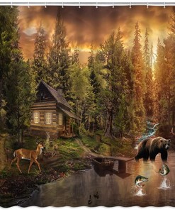 Rustic Cabin Shower Curtain With Bear And Moose