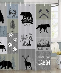 Rustic Cabin Shower Curtain With Bear Deer Country Lodge Bear Moose Design