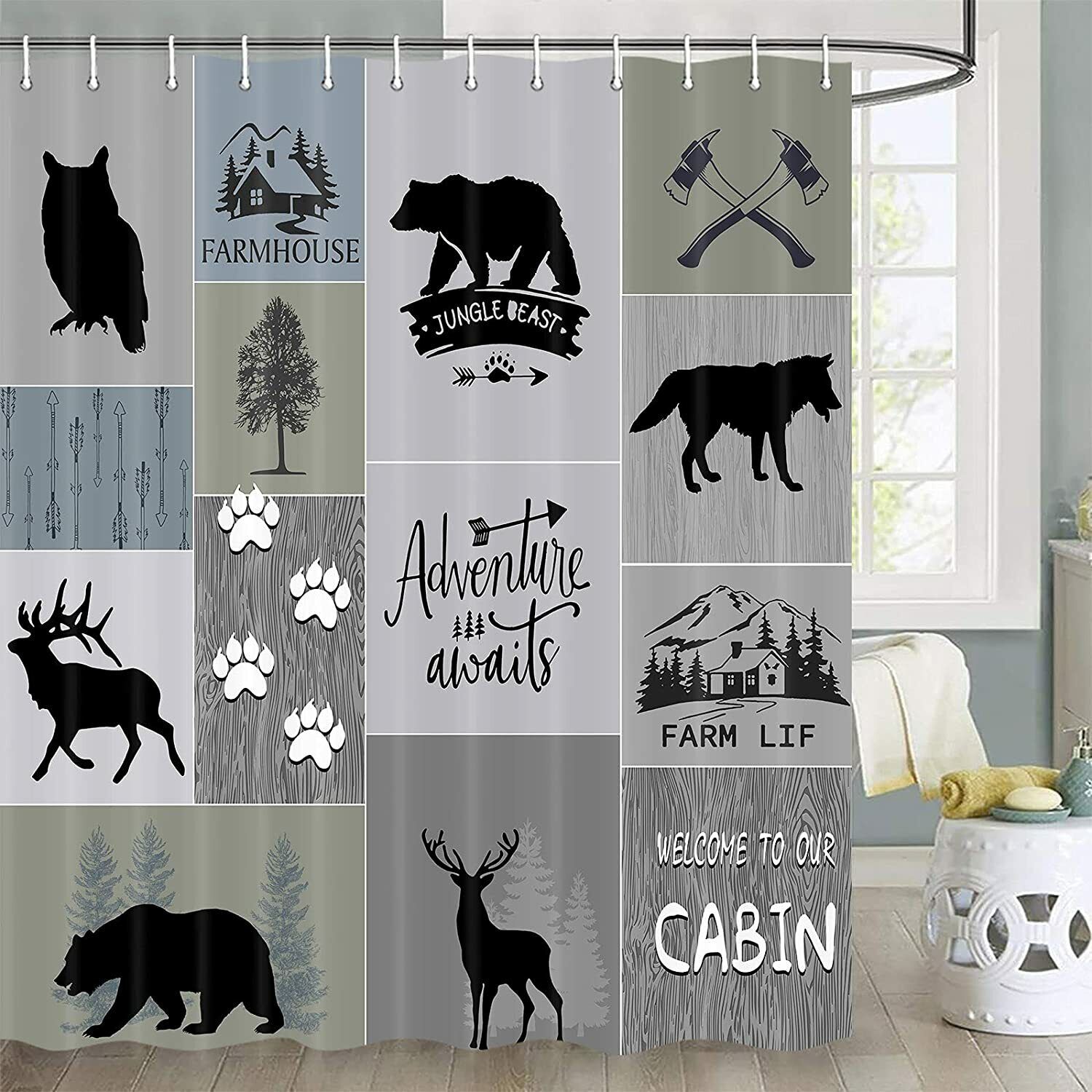 Rustic Cabin Shower Curtain With Bear Deer Country Lodge Bear Moose Design
