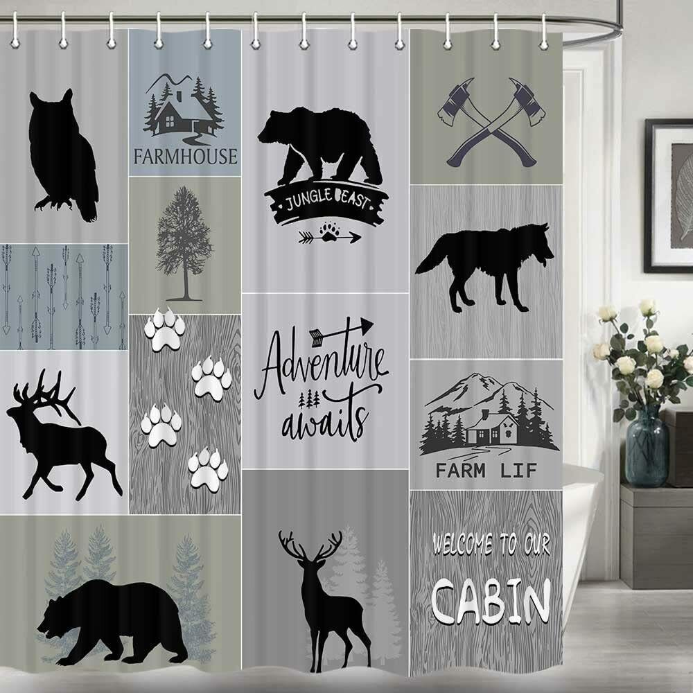 Rustic Cabin Shower Curtain With Bear Deer Country Lodge Bear Moose Design - Image 2