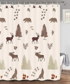 Rustic Cabin Shower Curtain With Bear, Elk, Moose And Wolf Print, Perfect For Nature Lovers