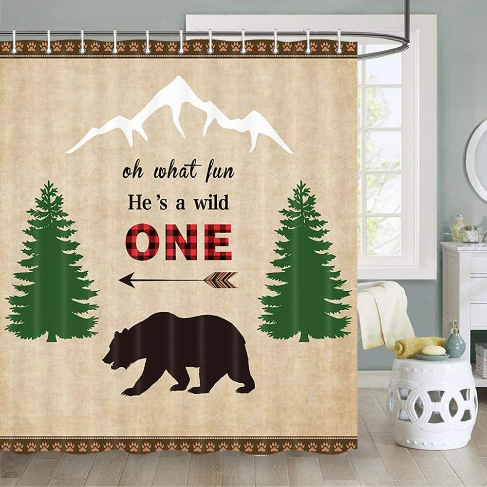 Rustic Cabin Shower Curtain With Wild Animals And Forest Print, Perfect For Nature Lovers