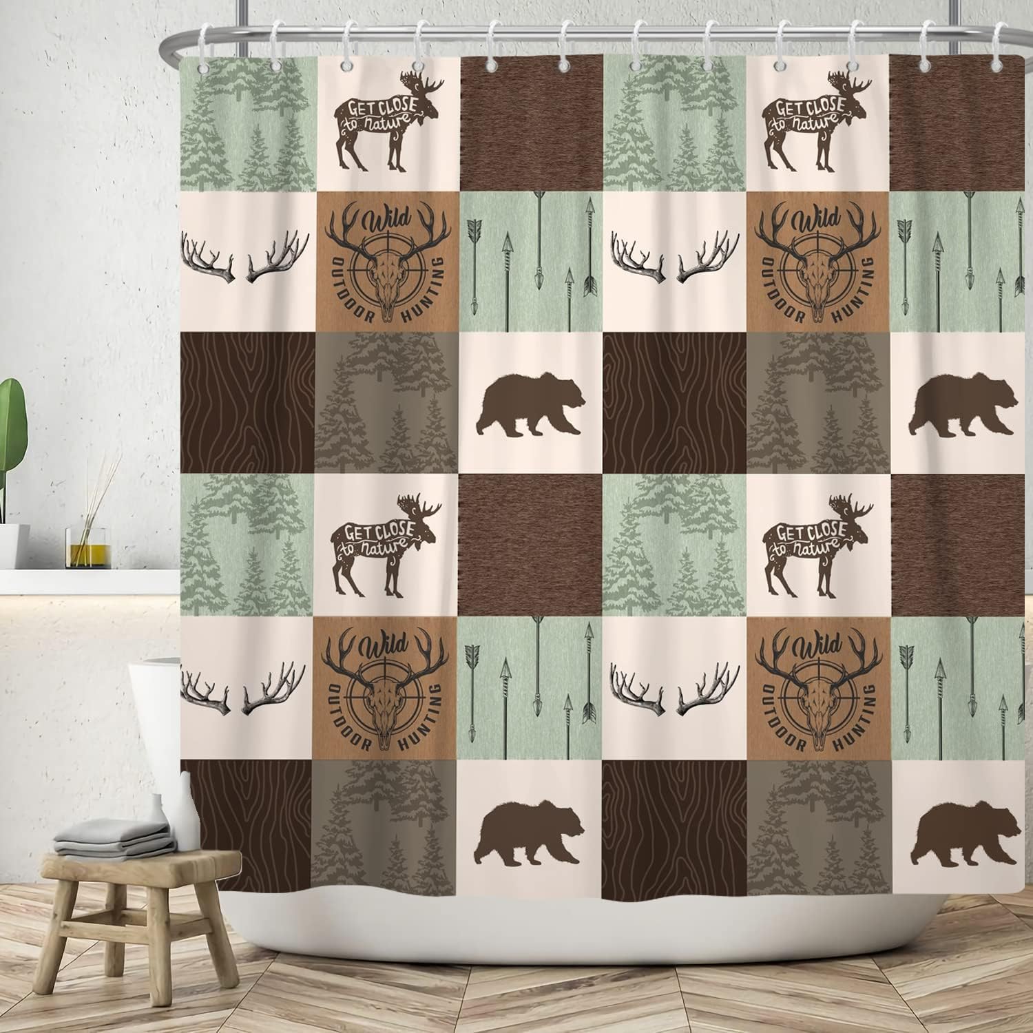Rustic Cabin Shower Curtain for Wildlife Animals Outdoor Hunting Adventure Themed Bathroom Decor