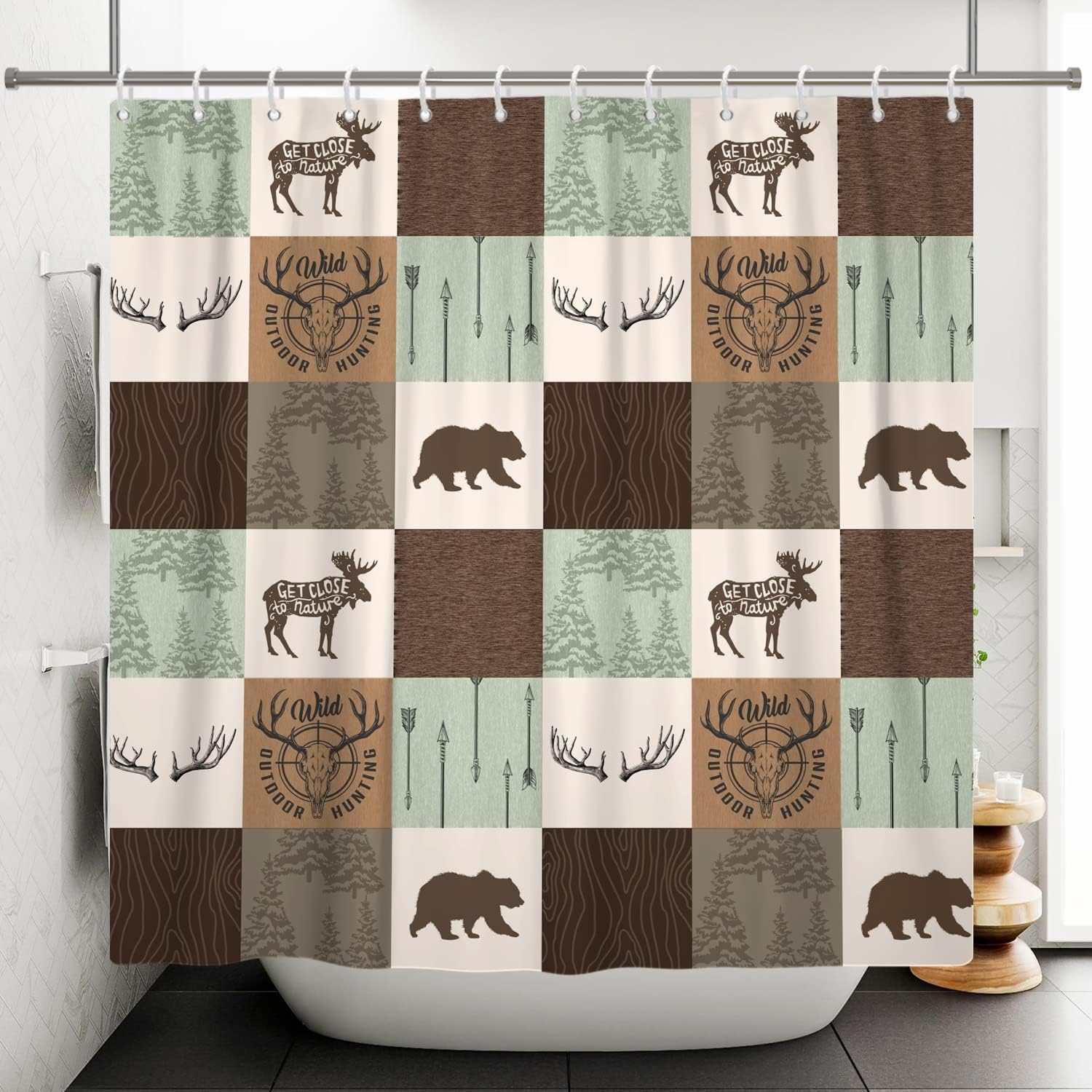 Rustic Cabin Shower Curtain for Wildlife Animals Outdoor Hunting Adventure Themed Bathroom Decor