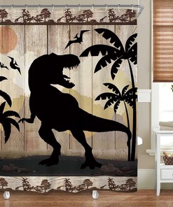 Rustic Cabin Wildlife Dinosaur Shower Curtain for Funny Forest Bathroom Decor