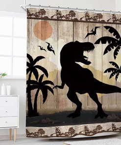 Rustic Cabin Wildlife Dinosaur Shower Curtain for Funny Forest Bathroom Decor