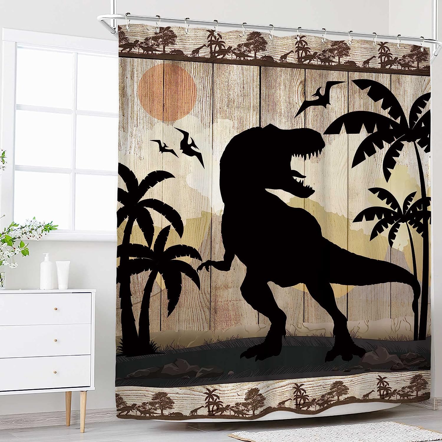 Rustic Cabin Wildlife Dinosaur Shower Curtain for Funny Forest Bathroom Decor