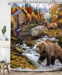 Rustic Cabin Wildlife Shower Curtain Set for Bathroom, Country Lodge Woodland Fish Duck Hunting Camo Restroom Decor
