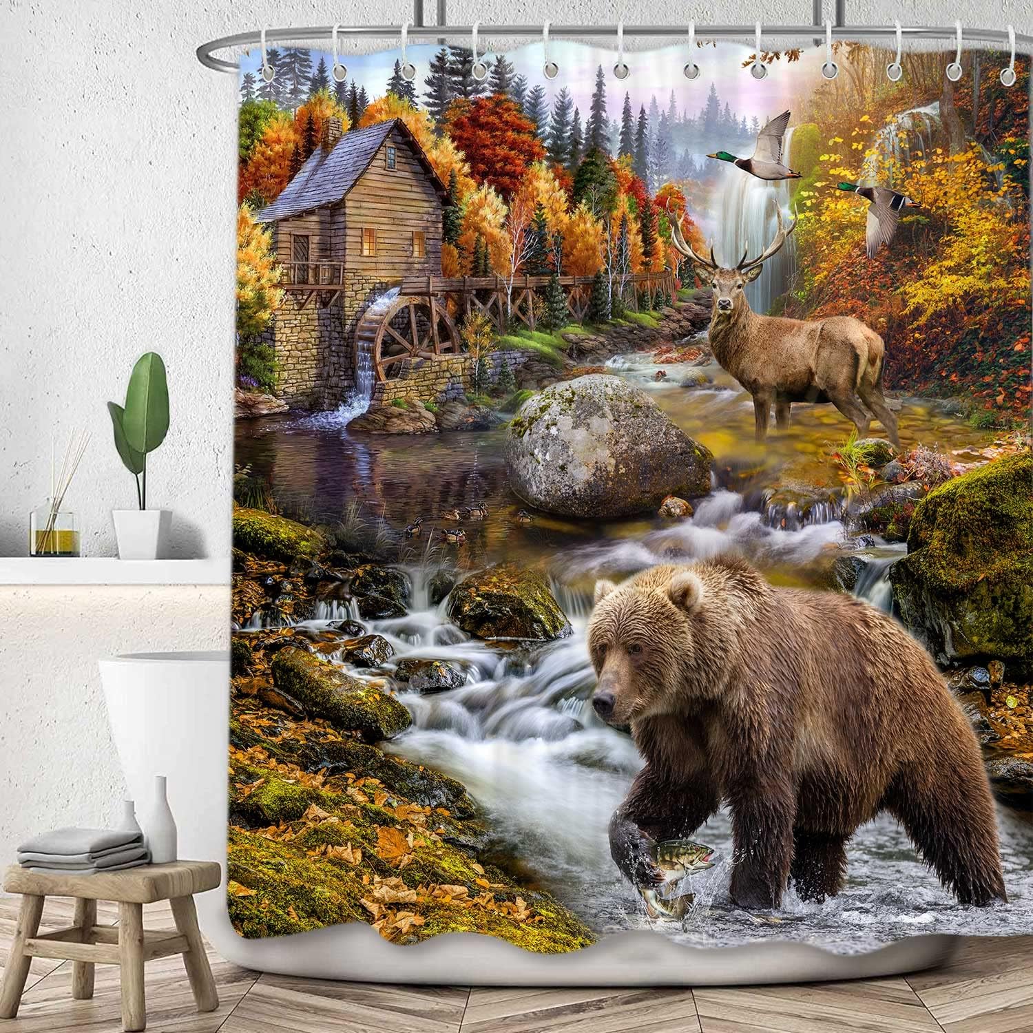 Rustic Cabin Wildlife Shower Curtain Set for Bathroom, Country Lodge Woodland Fish Duck Hunting Camo Restroom Decor