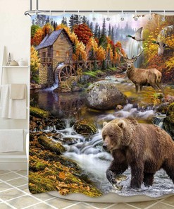 Rustic Cabin Wildlife Shower Curtain Set for Bathroom, Country Lodge Woodland Fish Duck Hunting Camo Restroom Decor