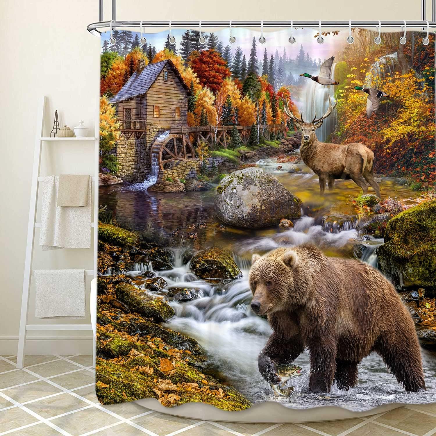 Rustic Cabin Wildlife Shower Curtain Set for Bathroom, Country Lodge Woodland Fish Duck Hunting Camo Restroom Decor