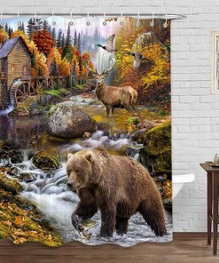 Rustic Cabin Wildlife Shower Curtain Set for Bathroom, Country Lodge Woodland Fish Duck Hunting Camo Restroom Decor