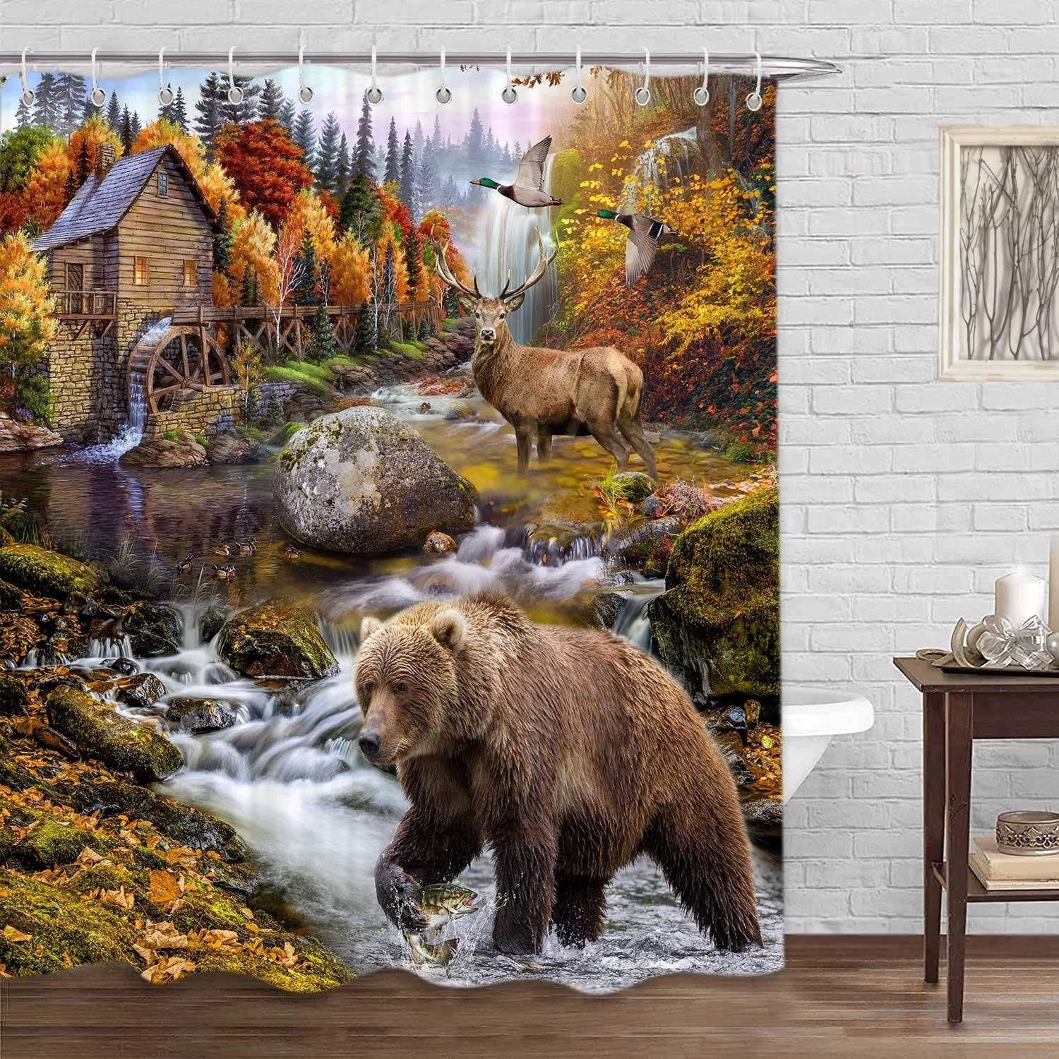 Rustic Cabin Wildlife Shower Curtain Set for Bathroom, Country Lodge Woodland Fish Duck Hunting Camo Restroom Decor