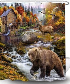 Rustic Cabin Wildlife Shower Curtain Set for Bathroom, Country Lodge Woodland Fish Duck Hunting Camo Restroom Decor