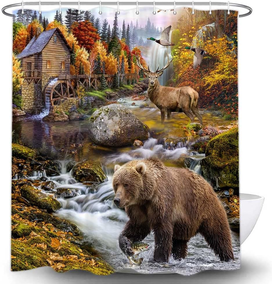 Rustic Cabin Wildlife Shower Curtain Set for Bathroom, Country Lodge Woodland Fish Duck Hunting Camo Restroom Decor
