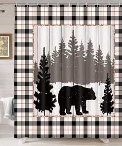 Rustic Cabin Woodland Wildlife Shower Curtain - Bear Moose Safari Decor With Farmhouse Buffalo Lattice Fabric
