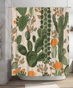 Rustic Cactus Shower Curtain Orange Flowers, Waterproof Bathroom Decor Fabric Curtain 