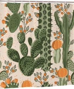 Rustic Cactus Shower Curtain Orange Flowers, Waterproof Bathroom Decor Fabric Curtain
