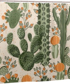 Rustic Cactus Shower Curtain Orange Flowers, Waterproof Bathroom Decor Fabric Curtain 