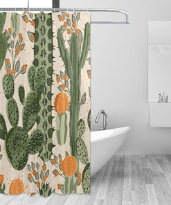 Rustic Cactus Shower Curtain Orange Flowers, Waterproof Bathroom Decor Fabric Curtain 