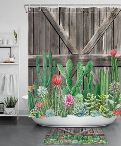 Rustic Cactus Shower Curtain, Plant And Barn Wood Print For Bathroom Decor
