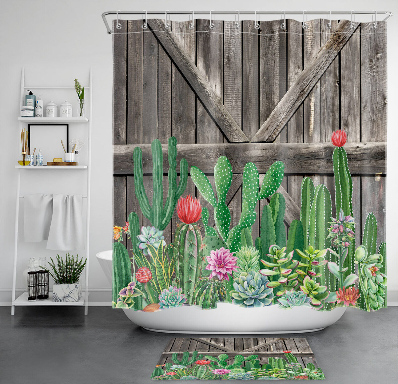 Rustic Cactus Shower Curtain, Plant And Barn Wood Print For Bathroom Decor