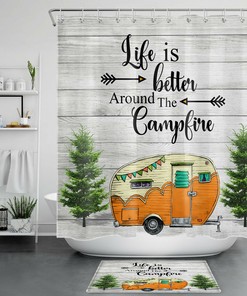 Rustic Camper Car and Leafy Tree Funny Words Shower Curtain for Bathroom Decor
