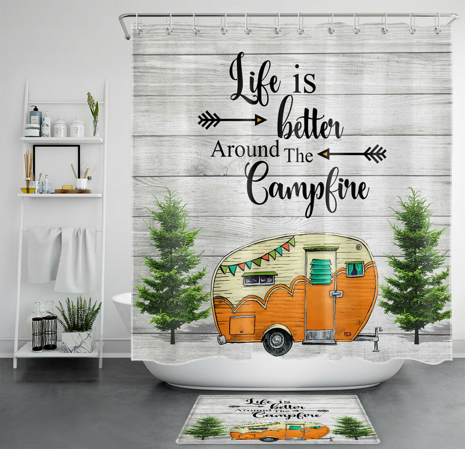 Rustic Camper Car and Leafy Tree Funny Words Shower Curtain for Bathroom Decor