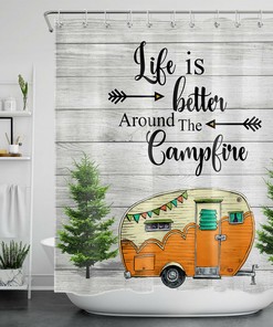 Rustic Camper Car and Leafy Tree Funny Words Shower Curtain for Bathroom Decor