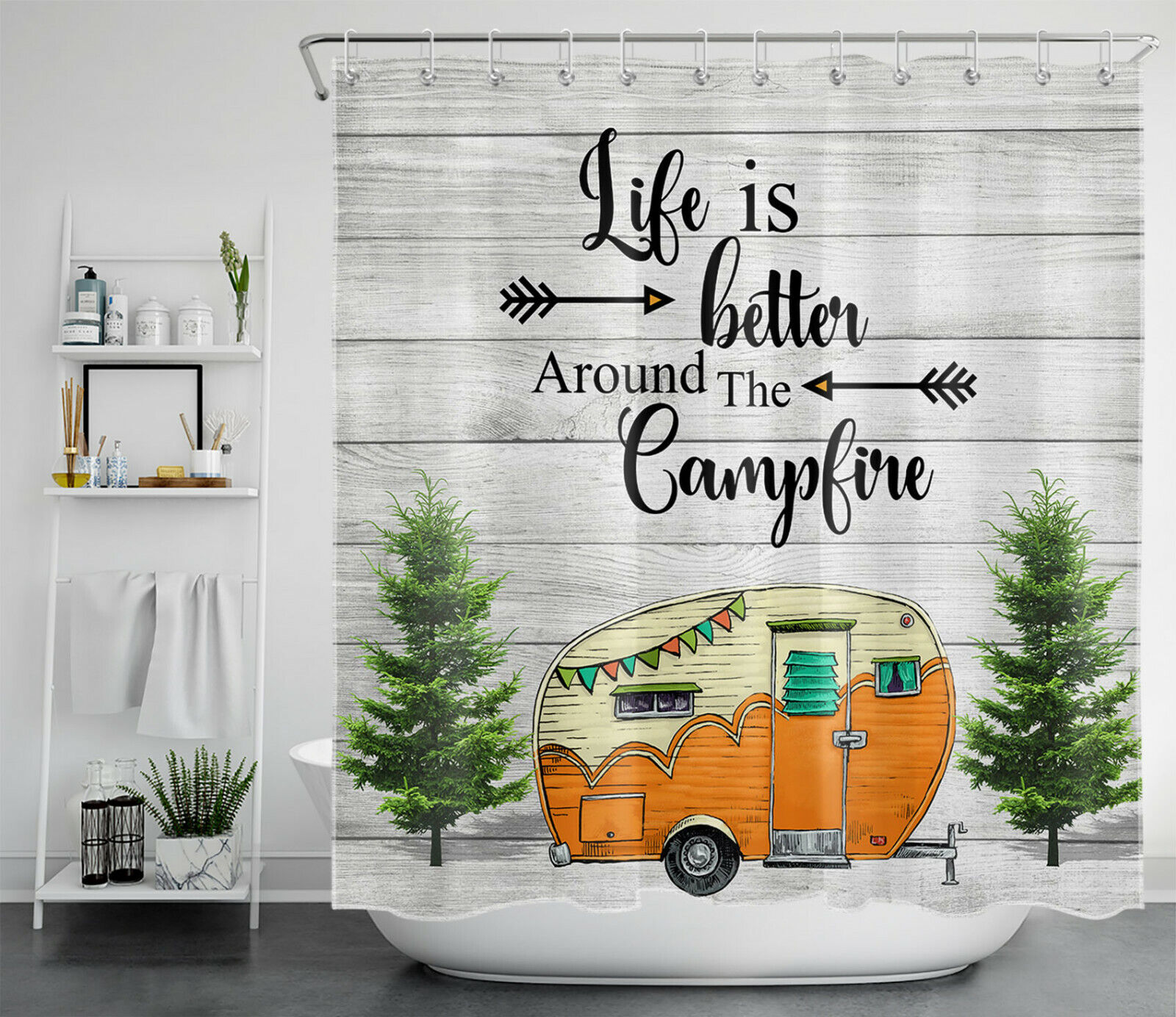 Rustic Camper Car and Leafy Tree Funny Words Shower Curtain for Bathroom Decor