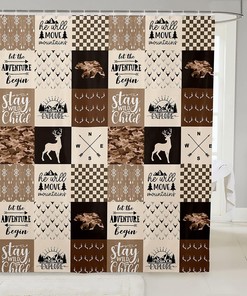 Rustic Camper Kids Shower Curtain Featuring Camo Deer Antlers Silhouettes, Bears, Plaids, Arrows Boho Brown