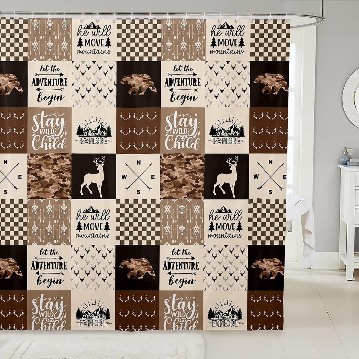 Rustic Camper Kids Shower Curtain Featuring Camo Deer Antlers Silhouettes, Bears, Plaids, Arrows Boho Brown
