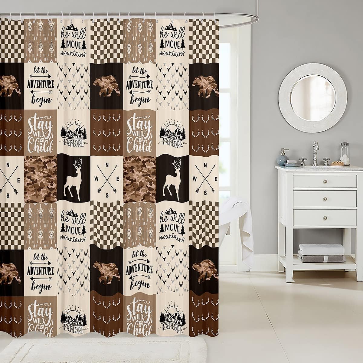 Rustic Camper Kids Shower Curtain Featuring Camo Deer Antlers Silhouettes, Bears, Plaids, Arrows Boho Brown - Image 2