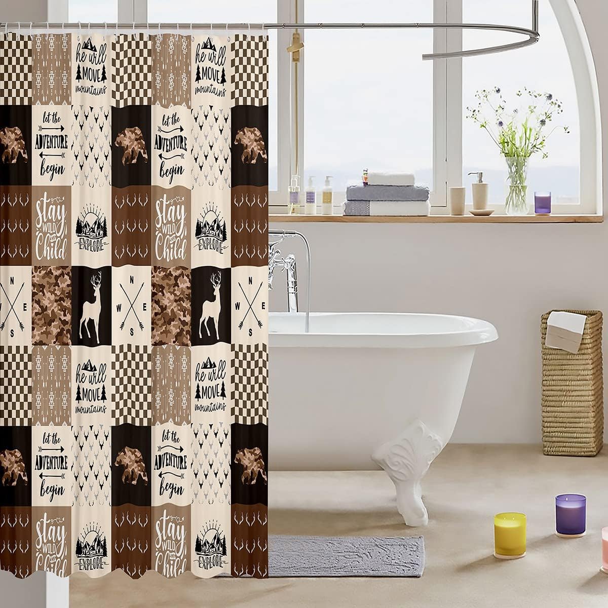 Rustic Camper Kids Shower Curtain Featuring Camo Deer Antlers Silhouettes, Bears, Plaids, Arrows Boho Brown - Image 3
