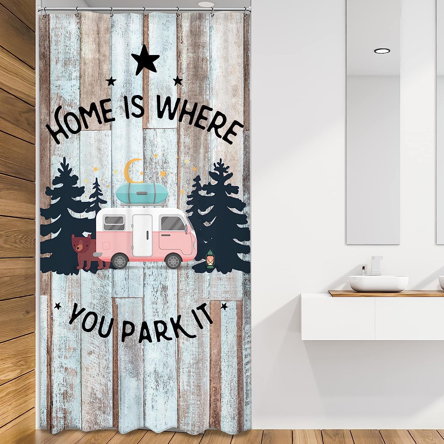 Rustic Camper RV and Forest Landscape Printed Waterproof Fabric Shower Curtain
